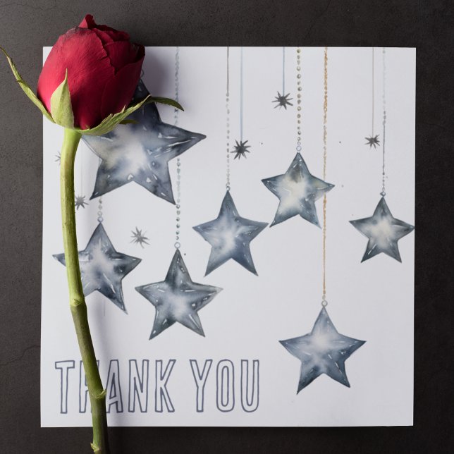 Cartão De Agradecimento Estrelas prateadas brilhantes em cordas (Hanging silver stars on a customizable thank you card for any occasion. )