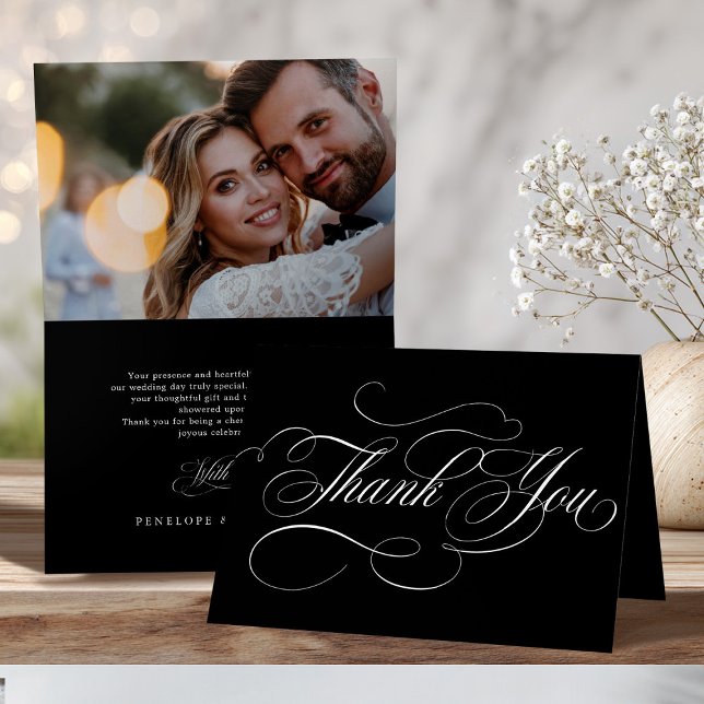 Cartão De Agradecimento Eterno de caligrafia moderna, casamento preto e br (Modern calligraphy timeless black & white wedding thank you card)