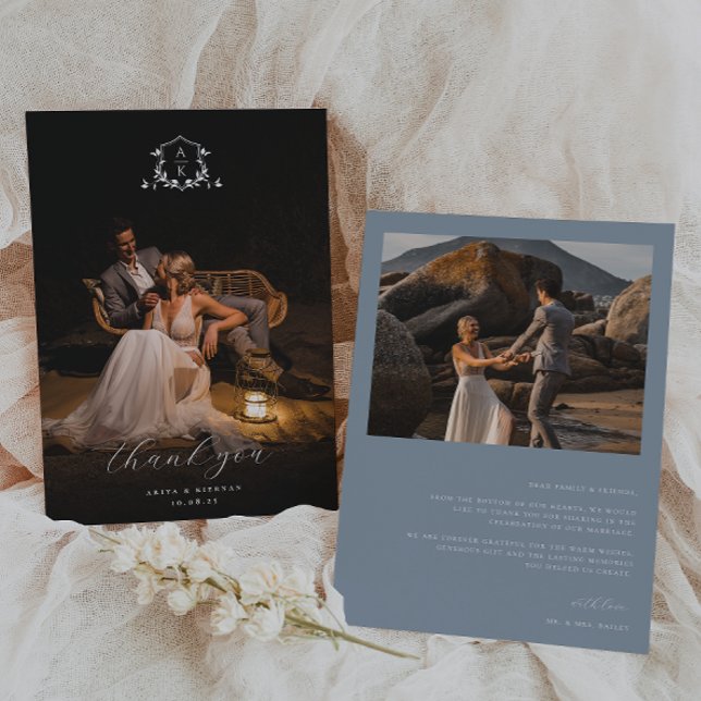 Cartão De Agradecimento Eterno Vines Monograma Crest Foto de Casamento (Criador carregado)