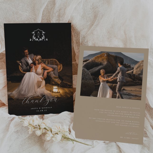 Cartão De Agradecimento Eterno Vines Monograma Crest Foto de Casamento (Criador carregado)