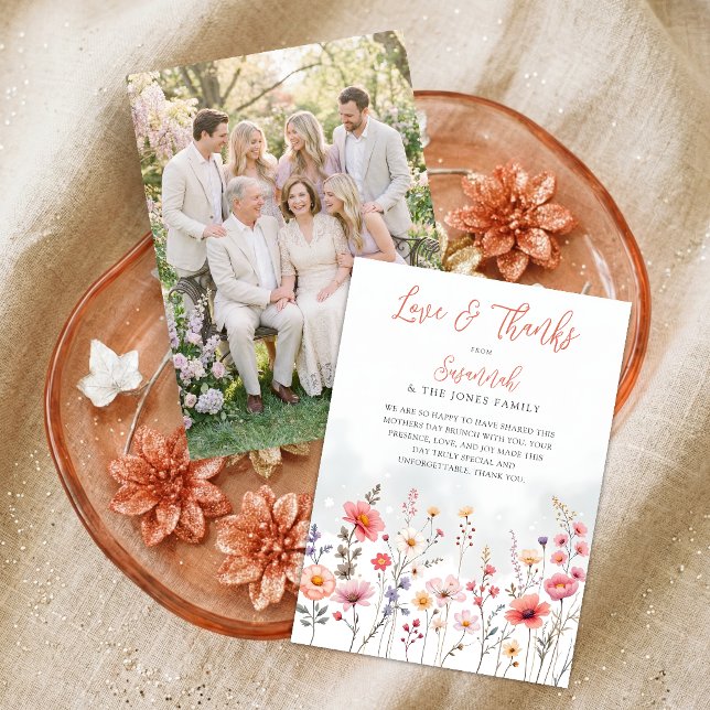 Cartão De Agradecimento Ethereal Dreamy Wildflowers Coral Script Photo (Dreamy Love and Thanks Wildflowers Photo Mothers Day Brunch Thank You Card.)