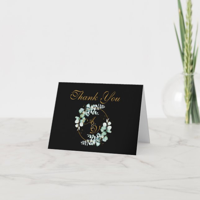 Cartão De Agradecimento Eucalipto e ouro no casamento personalizado negro (Frente)