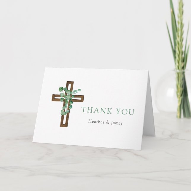 Cartão De Agradecimento Eucalyptus Cross Modern Baptism Dobrado Obrigado (Frente)