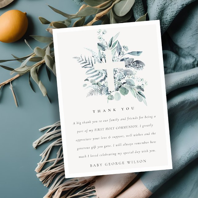 Cartão De Agradecimento Eucalyptus Fern Foliage Cross Primeira Comunhão Sa (Criador carregado)