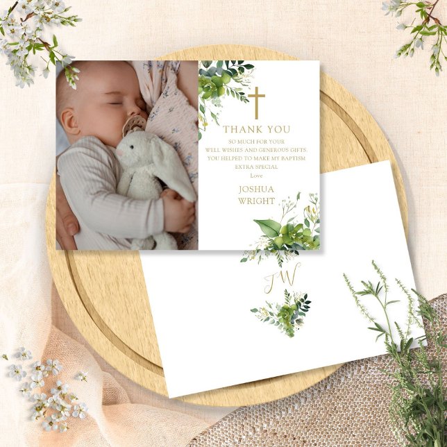 Cartão De Agradecimento Eucalyptus Greenery Foto Baptism Christening (Eucalyptus Greenery Photo Baptism Christening Thank You Card)