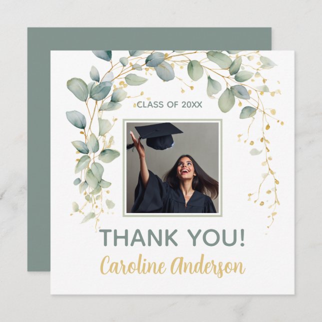 Cartão De Agradecimento Eucalyptus Greenery Graduation Party (Frente/Verso)