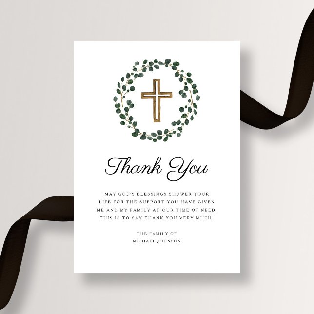 Cartão De Agradecimento Eucalyptus Wreath Religioso Funeral Cruzado (Eucalyptus Wreath Religious Cross Funeral Thank You Card)