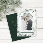 Cartão De Agradecimento Evergreen & Cotton Flowers Foto De Casamento Elega<br><div class="desc">Este cartões de agradecimentos apresenta verde pintado manualmente para o inverno,  flores de algodão com armação. Para personalização mais avançada deste design,  clique no link "personalizar mais". Itens correspondentes também estão disponíveis.</div>