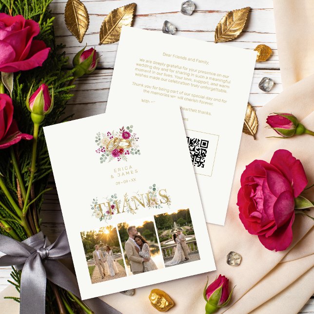 Cartão De Agradecimento Exquisite Wedding Gold Rings Floral TLW26 (Exquisite Gold Rings Wedding Thank You Card with Elegant Cream Floral Bouquet Watercolor Effect.)