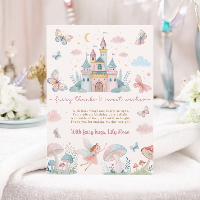 Cartão De Agradecimento Fada Caprichosa Primeiro Aniversário Castelo Rosa  (Whimsical Fairy First Birthday Pink Castle Kids Thank You Card)