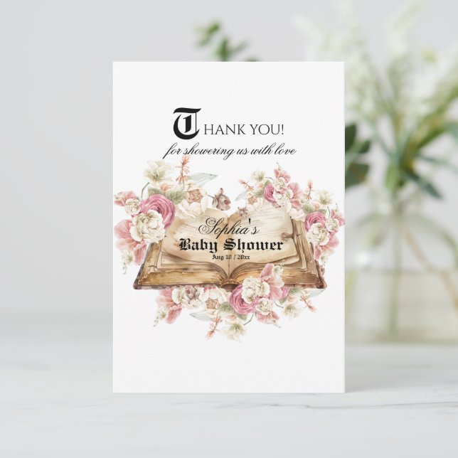 Cartão De Agradecimento Fairytale Book Pink Rose Baby Shower (Em pé/Frente)