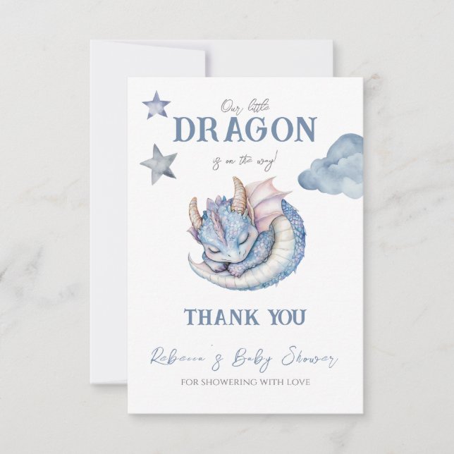 Cartão De Agradecimento Fairytale Dreamy Blue Dragon Baby Shower (Frente)