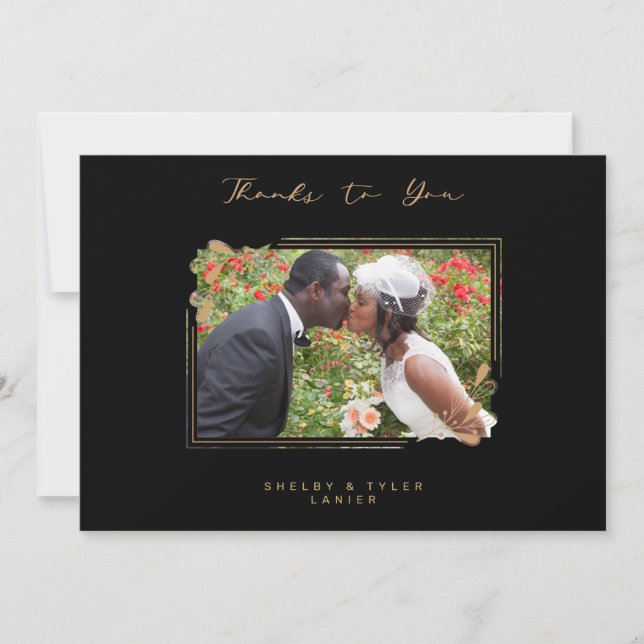 Cartão De Agradecimento Fake Golden Branches Fancy Calligraphy Photo (Frente)