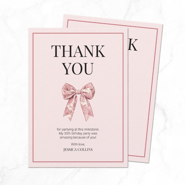 Cartão De Agradecimento Fale 30 para mim, Arco rosa, 30 de aniversário (Talk 30 to Me Pink Girly Bow Thirty Birthday Thank You Card)