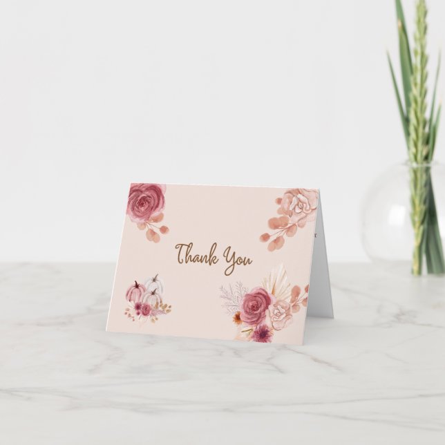 Cartão De Agradecimento Fall Boho Pink Pumpkin Baby Shower  (Frente)