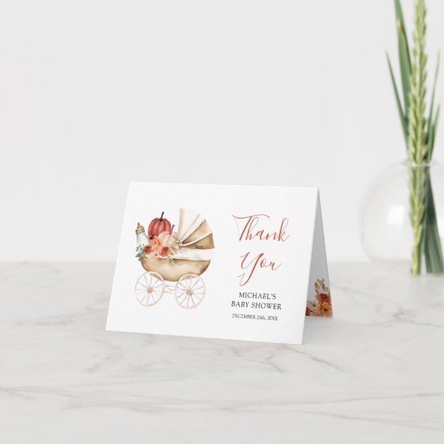 Cartão De Agradecimento Fall Pumpkin Stroller Floral Baby Shower Folded (Frente)