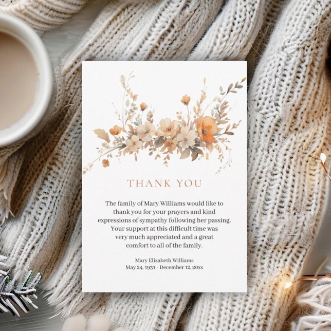 Cartão De Agradecimento Fall Watercolor Floral Funeral Obrigado (Criador carregado)
