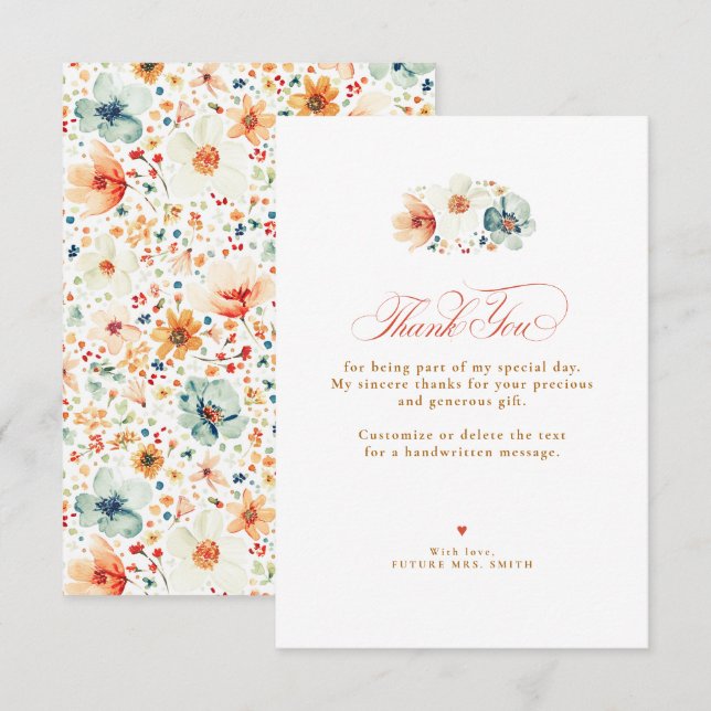 Cartão De Agradecimento Fall Wildflower Wedding Small Thank You  (Frente/Verso)