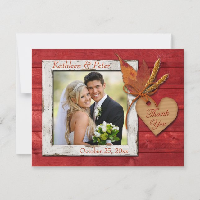 Cartão De Agradecimento FALSO madeira, folhas, coração, obrigado da FOTO (Frente)