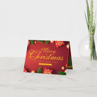 Cartão De Agradecimento Family Red and Gold Christmas with Tree Ribbon