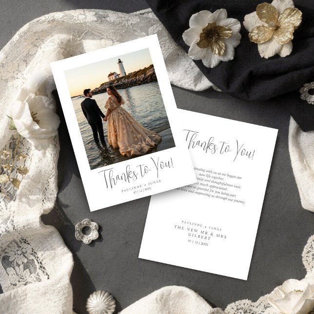 Cartão De Agradecimento Fancy Minimalist Simple Gray Calligraphy Wedding  (Elegant Minimalist Simple Gray Calligraphy Wedding Thank You Photo Card Design.)