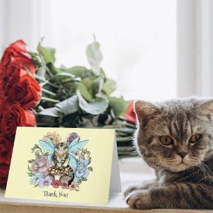 Cartão De Agradecimento Fantasia Floral de Gato Fada Tabby Pastel Capricho