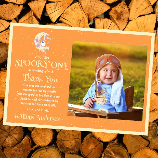 Cartão De Agradecimento Fantasminha Fofa Lua de Halloween 1º Aniversário (Criador carregado)