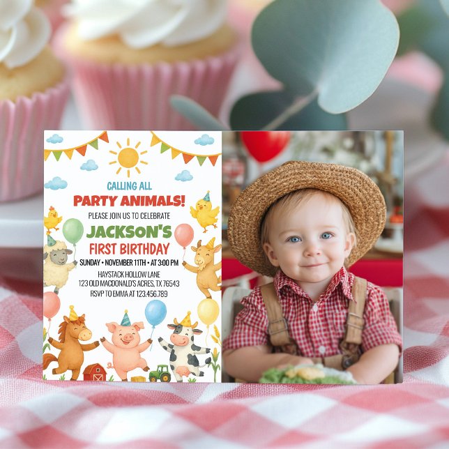 Cartão De Agradecimento Farmyard Animals Birthday Party Photo Invitation (Criador carregado)