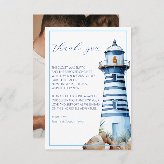 Cartão De Agradecimento Farol Náutico Azul Foto de Banho (Frente/Verso)