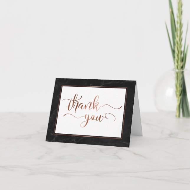 Cartão De Agradecimento Faux Copper Foil Script Thank You & Black Marble (Frente)