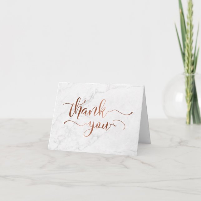 Cartão De Agradecimento Faux Copper Foil Script Thank You & White Marble (Frente)