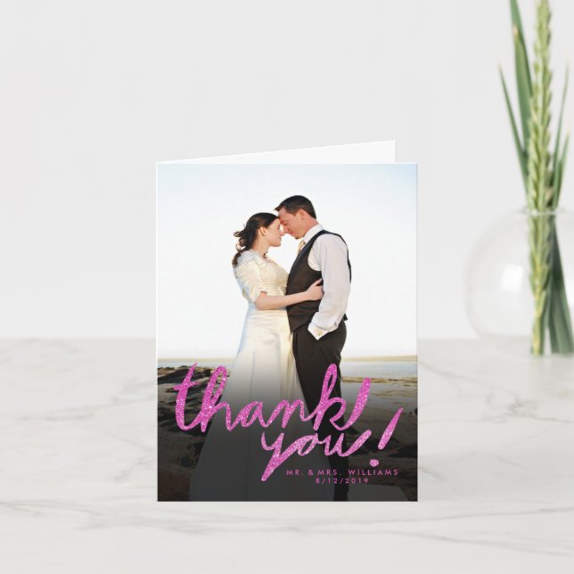 Cartão De Agradecimento Faux Glitter Pink Modern Photo Thank You Card (Frente)
