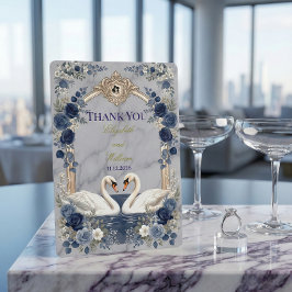 Cartão De Agradecimento Faux Gold Arch Navy Blue Swan Marble Effect