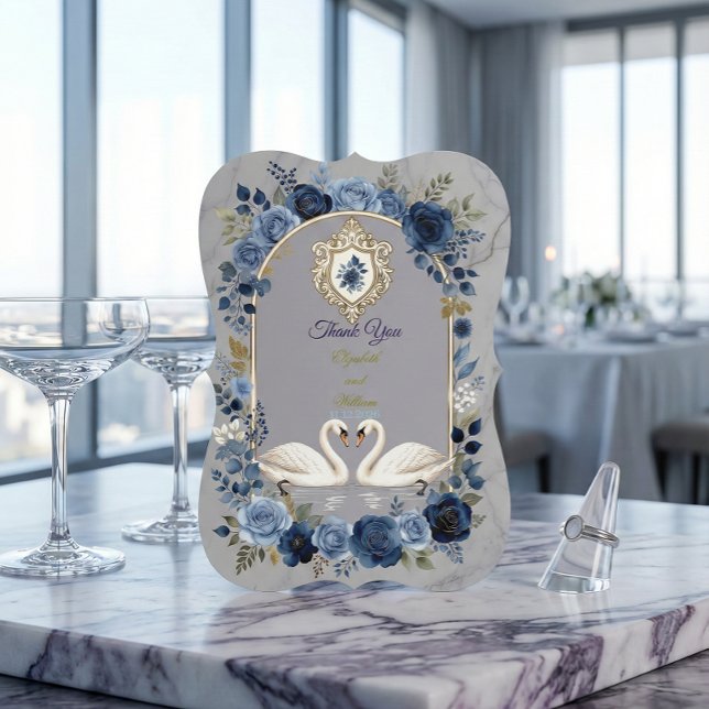 Cartão De Agradecimento Faux Gold Crest & Watercolor Blue Swans (Criador carregado)