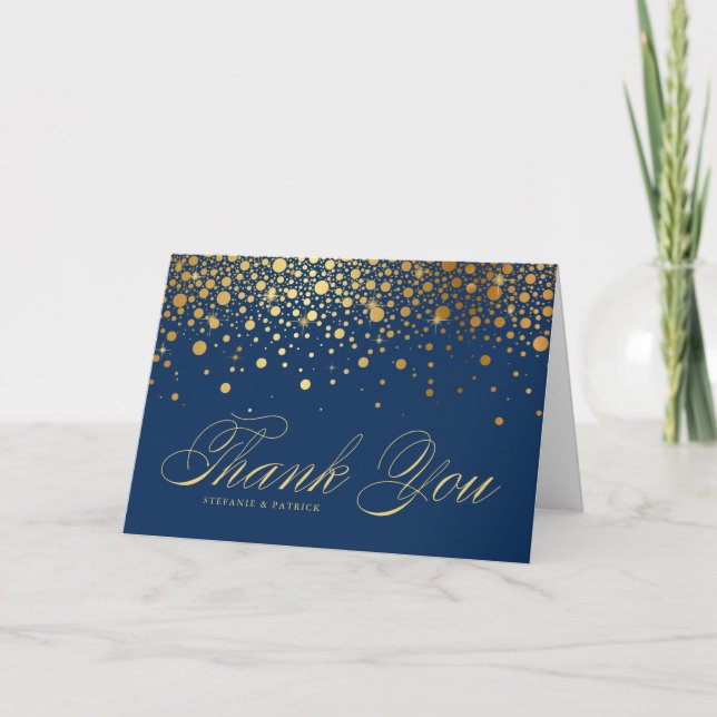 Cartão De Agradecimento Faux Gold Foil Confetti Pontos Marinho Casamento A (Frente)