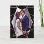 Cartão De Agradecimento Faux Rose Gold Geometric Lines Photo Thank You<br><div class="desc">These stylish photo thank you cards are perfect for after your wedding. The front of the cards are black with a faux rose gold geometric diamond pattern, and the words "thank you" in trendy white calligraphy. Add your own wedding photo to the center. The inside is easy to personalize with...</div>