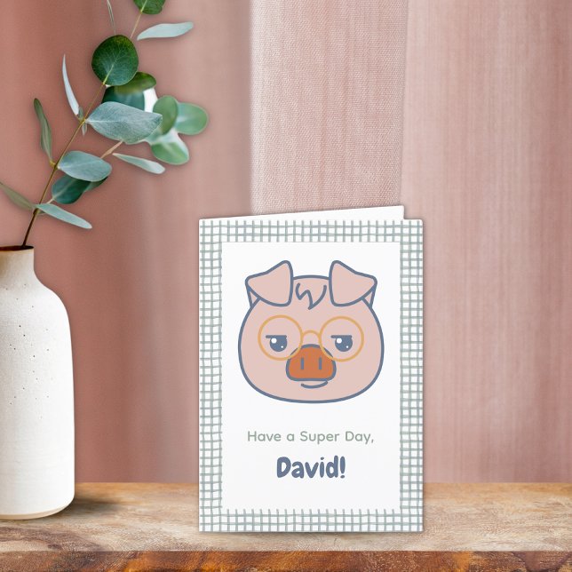 Cartão De Agradecimento Fazenda Animal Birthday Piglet Green Gingham (Farm Animal Birthday Card Piglet Green Gingham Border)