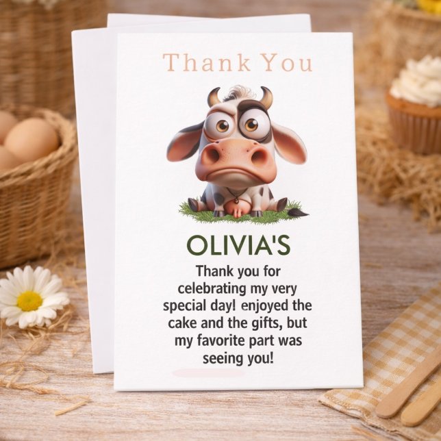 Cartão De Agradecimento Fazenda de Animais Fofos - Festa de 2 Anos (Cute Cow Farm Animals 2nd Birthday thank you card)