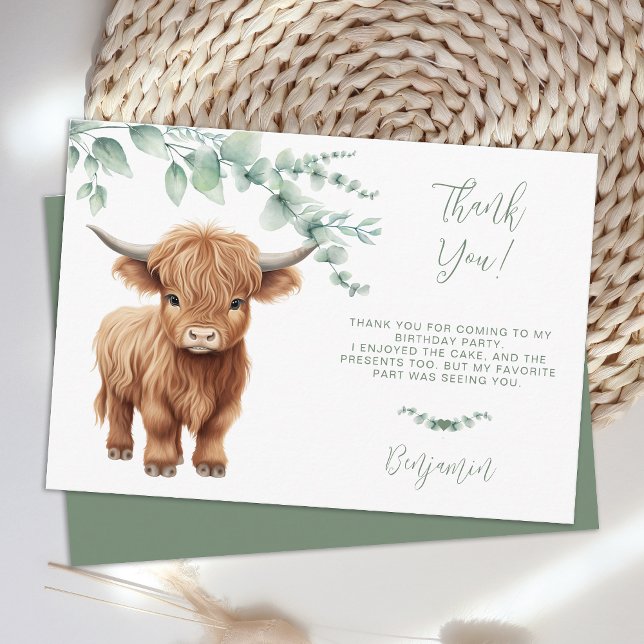 Cartão De Agradecimento Fazenda de Animais Highland Cow Crianças Aniversár (Criador carregado)