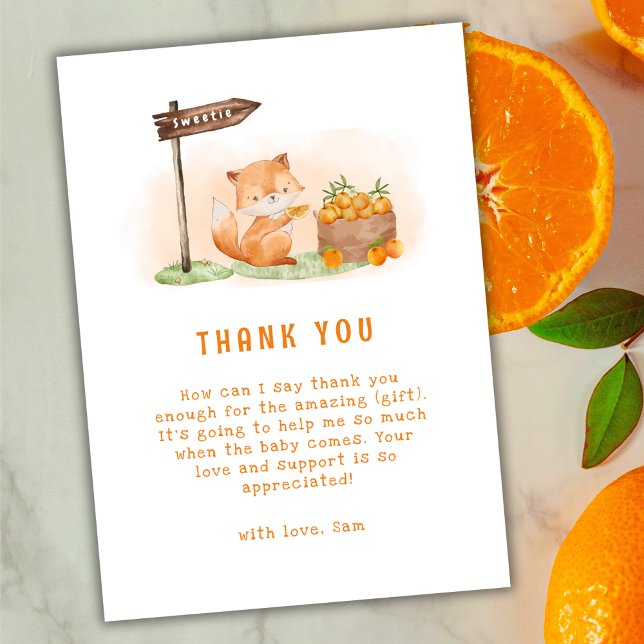 Cartão De Agradecimento Fazenda de Laranja-Chá de fraldas-de-Mata-Coca-Col (Cute Woodland Fox Citrus Orange Farm Baby Shower Thank You Card)