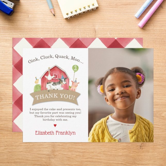 Cartão De Agradecimento Fazenda Festa de aniversário de animais Red Check  (Criador carregado)