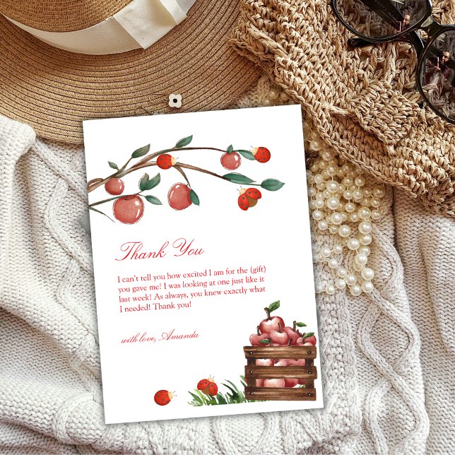 Cartão De Agradecimento Fazenda Russo Chá de fraldas Ladybug Apple Girl (Rustic Farm Ladybug Apple Girl Baby Shower Thank You Card)