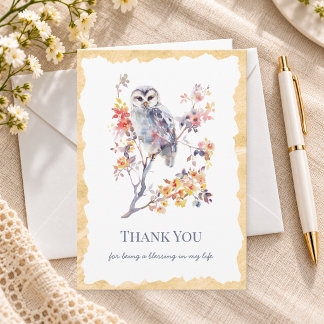 Cartão De Agradecimento Fé Cristã | Coruja e Flor em Aquarela