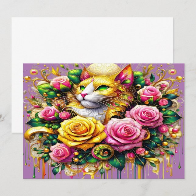 Cartão De Agradecimento Feline em meio a um Blogue Floral Vibrante (Frente/Verso)