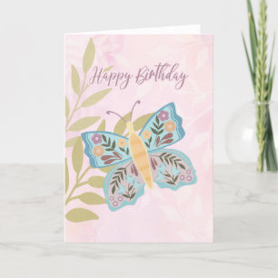 Cartão De Agradecimento Feliz Aniversário Boho Azul e Borboleta Amarela