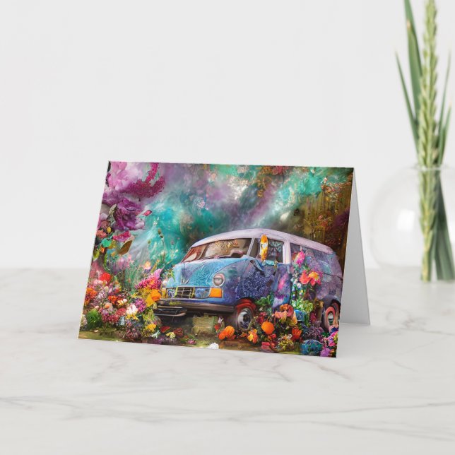 Cartão De Agradecimento Feliz aniversário Combi van com flores Obrigado do (Frente)