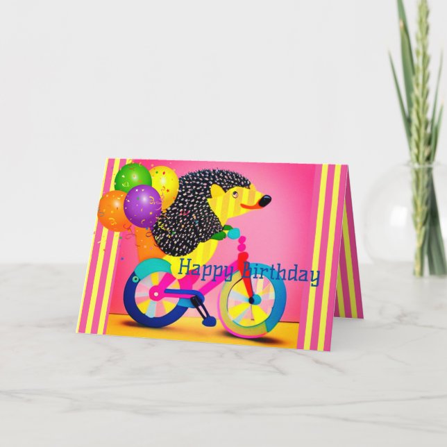 Cartão De Agradecimento Feliz Aniversário Hedgehog Andando Balões de Bicic (Frente)