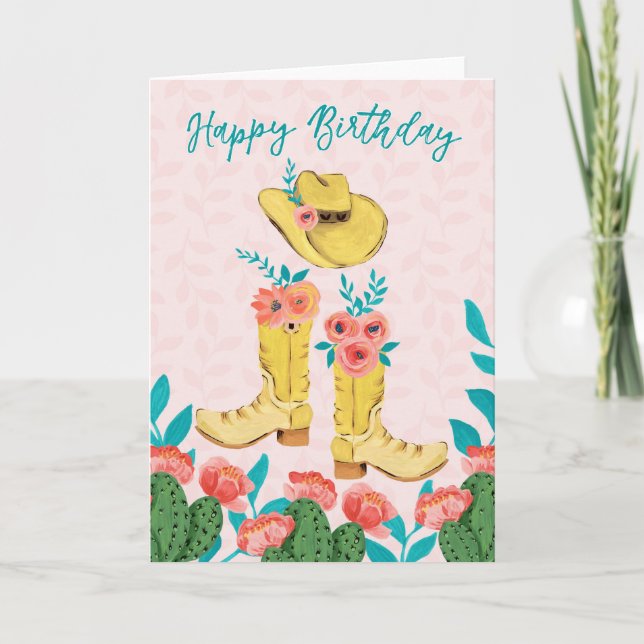 Cartão De Agradecimento Feliz Aniversário Painterly Gouache Cowgirl Boots  (Frente)