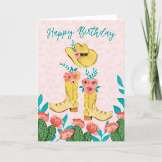 Cartão De Agradecimento Feliz Aniversário Painterly Gouache Cowgirl Boots 