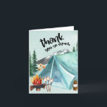 Cartão De Agradecimento Feliz Camper Birthday Camping Tent<br><div class="desc">Cartões de agradecimentos de campo - perfeito para um churrasco de quintal, piquenique ou festa de aniversário ao ar livre. Este design de hortelã e de aquarela azul tem uma montanha e um cenário florestal com tenda, fogueira e fungos. O título diz "obrigado tanto" e o obrigado restante que a...</div>